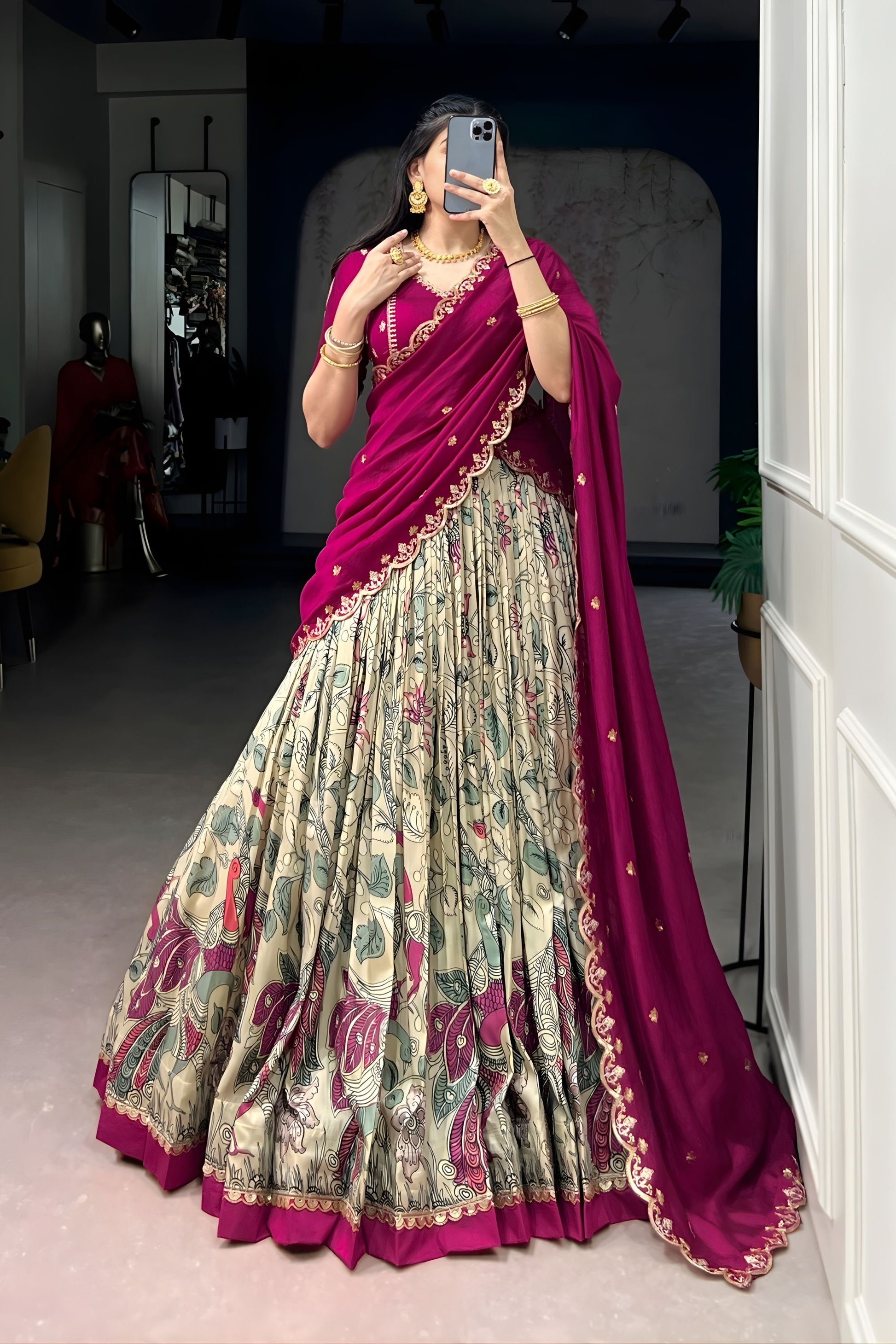 Magenta Floral Printed Lehenga Set with Embroidered Dupatta
