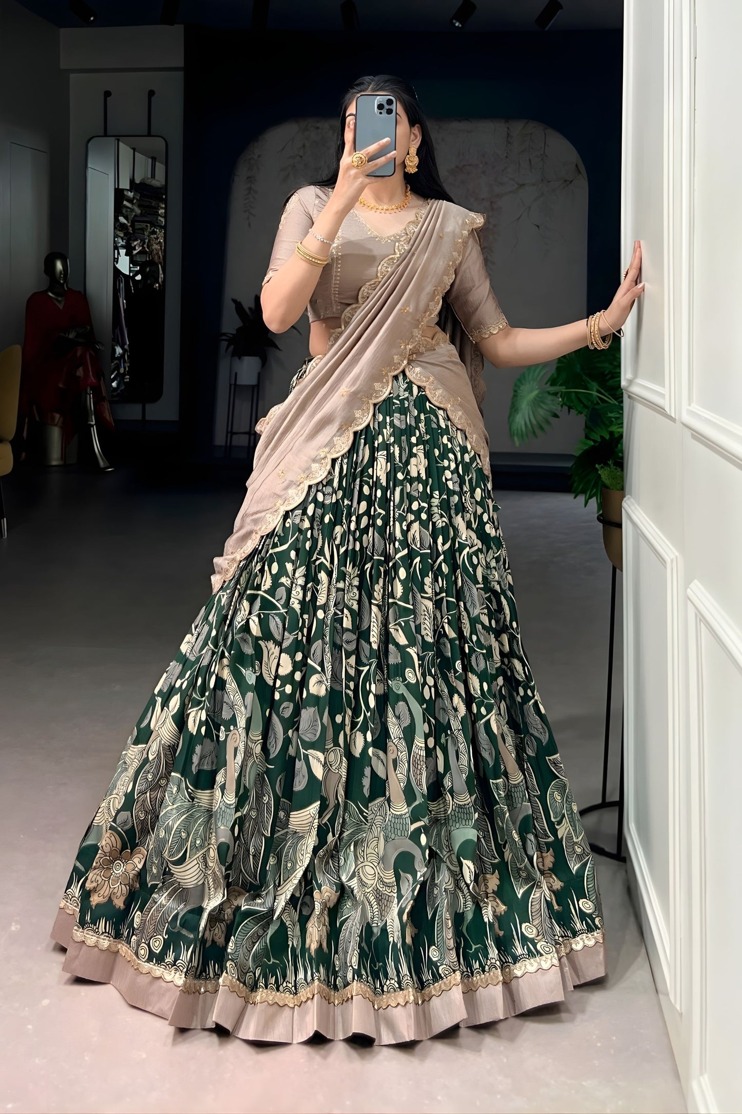 Bottle Green Floral Printed Lehenga Set Embroidered Dupatta