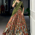 Rust Orange Floral Printed Lehenga Embroidered Dupatta