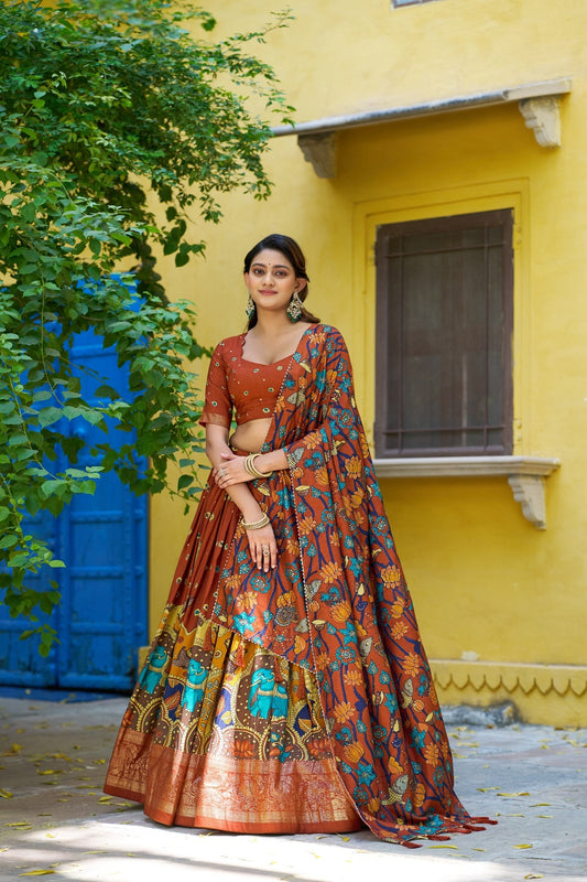 Elegant Rust Orange Kalamkari Printed Lehenga Choli Elephant Motif Border Dupatta