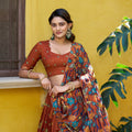 Elegant Rust Orange Kalamkari Printed Lehenga Choli Elephant Motif Border Dupatta