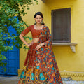 Elegant Rust Orange Kalamkari Printed Lehenga Choli Elephant Motif Border Dupatta