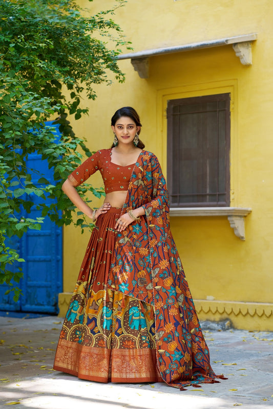 Elegant Rust Orange Kalamkari Printed Lehenga Choli Elephant Motif Border Dupatta