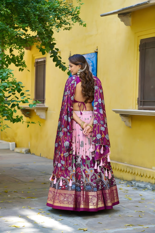 Elegant Pink Kalamkari Printed Lehenga Choli Elephant Motif Border Designer Dupatta