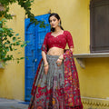 Elegant Grey Kalamkari Printed Lehenga Choli Elephant Motif Border Designer Dupatta