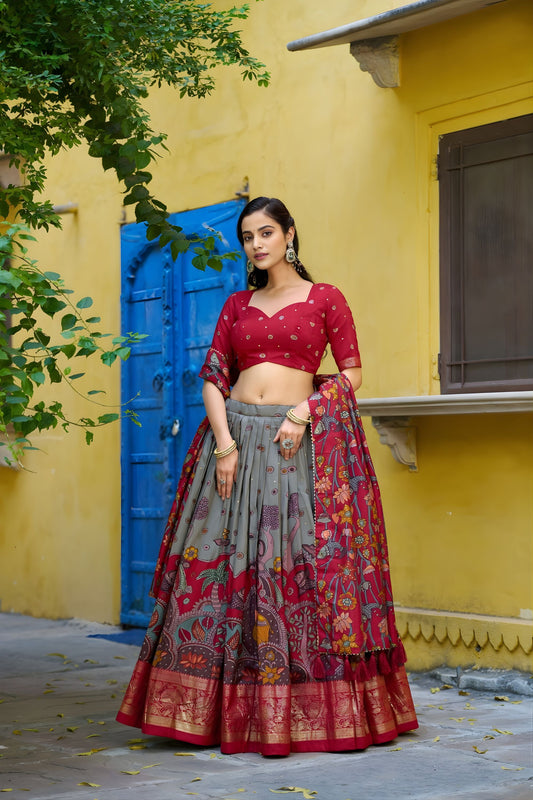 Elegant Grey Kalamkari Printed Lehenga Choli Elephant Motif Border Designer Dupatta