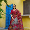 Elegant Grey Kalamkari Printed Lehenga Choli Elephant Motif Border Designer Dupatta
