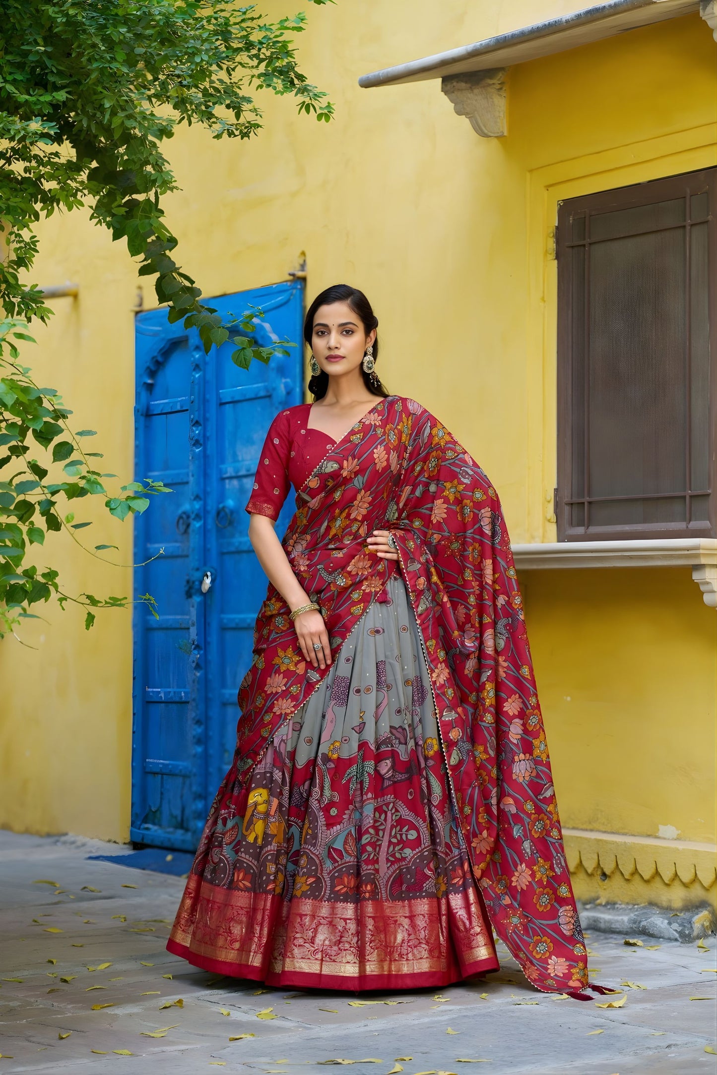 Elegant Grey Kalamkari Printed Lehenga Choli Elephant Motif Border Designer Dupatta