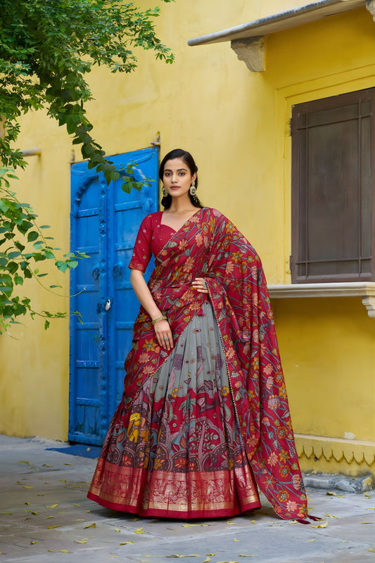 Elegant Grey Kalamkari Printed Lehenga Choli Elephant Motif Border Designer Dupatta