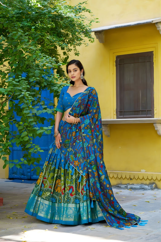 Royal Blue Kalamkari Printed Lehenga Choli Elephant Motif Border Dupatta
