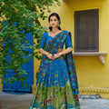 Royal Blue Kalamkari Printed Lehenga Choli Elephant Motif Border Dupatta