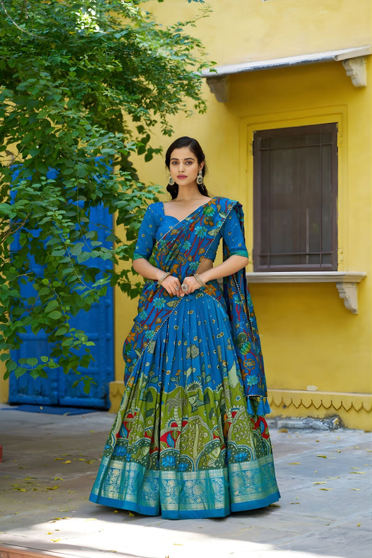 Royal Blue Kalamkari Printed Lehenga Choli Elephant Motif Border Dupatta