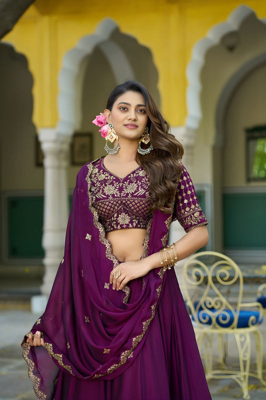 Elegant Wine Purple Embroidered Lehenga Choli Designer Dupatta for Wedding