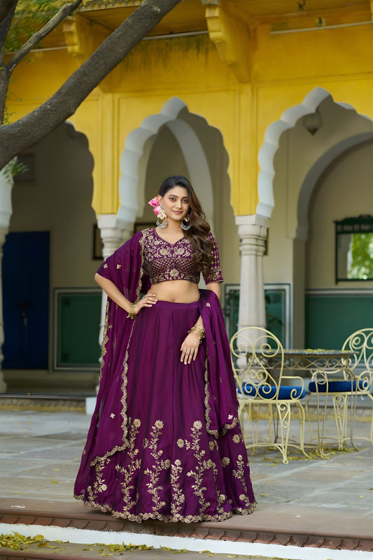 Elegant Wine Purple Embroidered Lehenga Choli Designer Dupatta for Wedding