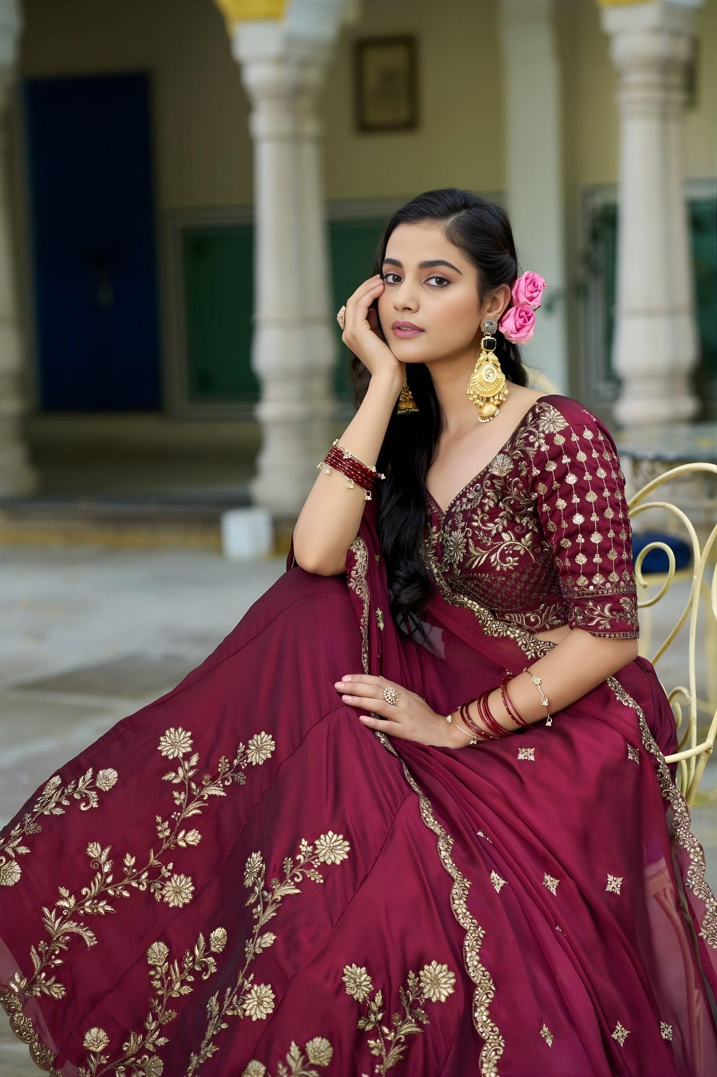 Elegant Maroon Embroidered Lehenga Choli Designer Dupatta Wedding