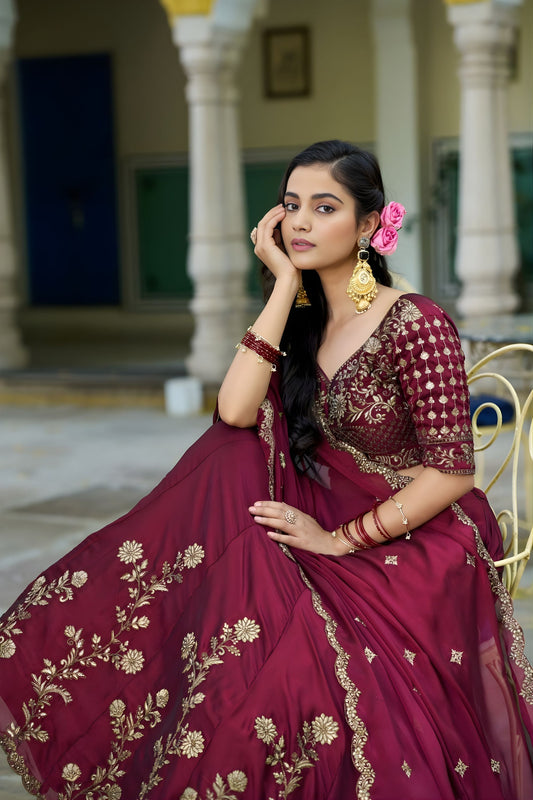 Elegant Maroon Embroidered Lehenga Choli Designer Dupatta Wedding