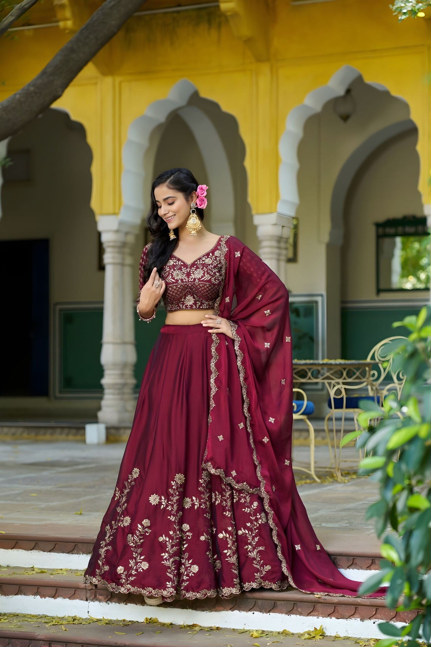 Elegant Maroon Embroidered Lehenga Choli Designer Dupatta Wedding