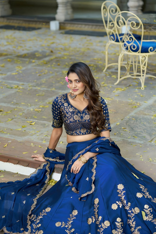 Elegant Navy Blue Embroidered Lehenga Choli Designer Dupatta Wedding