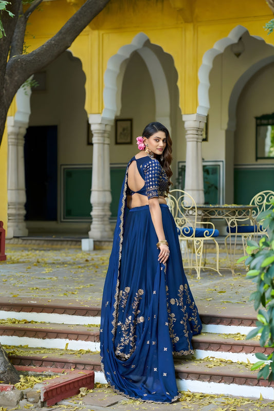 Elegant Navy Blue Embroidered Lehenga Choli Designer Dupatta Wedding