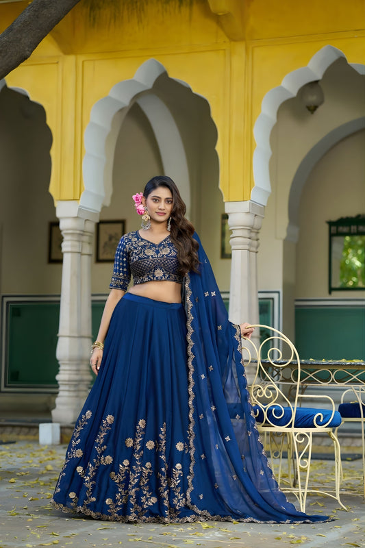 Elegant Navy Blue Embroidered Lehenga Choli Designer Dupatta Wedding