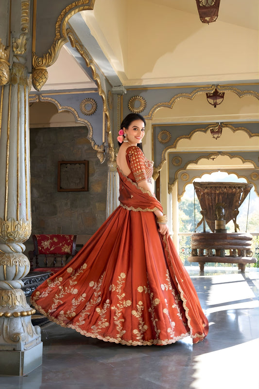 Elegant Rust Orange Embroidered Lehenga Choli Designer Dupatta for Wedding