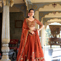 Elegant Rust Orange Embroidered Lehenga Choli Designer Dupatta Wedding