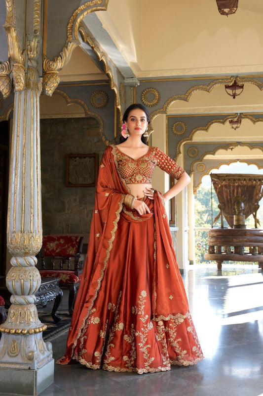 Elegant Rust Orange Embroidered Lehenga Choli Designer Dupatta Wedding