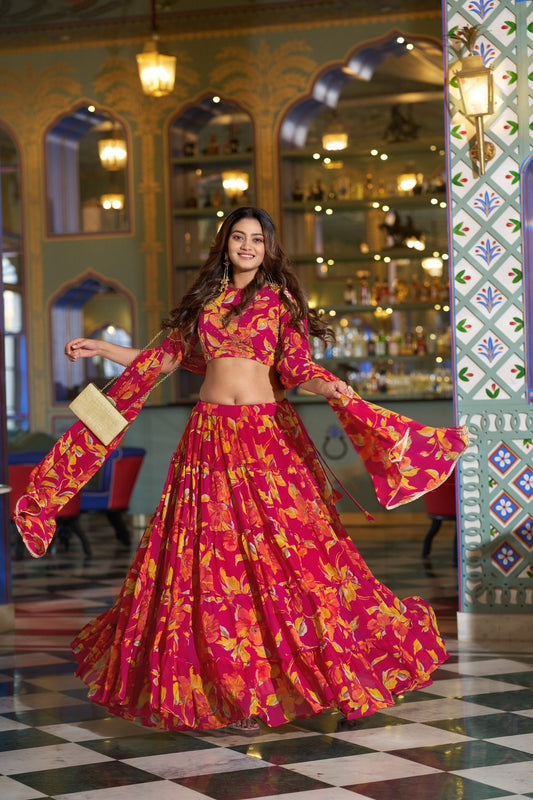 Beautiful Hot Pink Floral Printed Lehenga Choli Designer Dupatta for Wedding