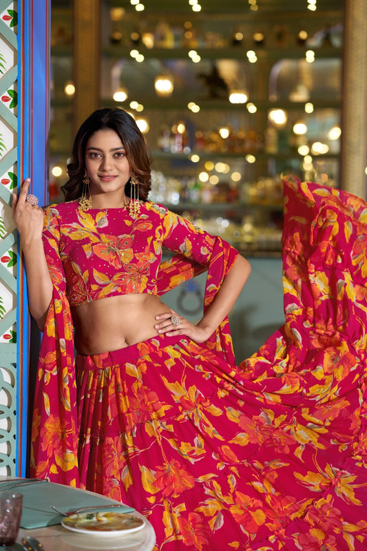 Elegant Hot Pink Floral Printed Lehenga Choli Designer Dupatta for Wedding