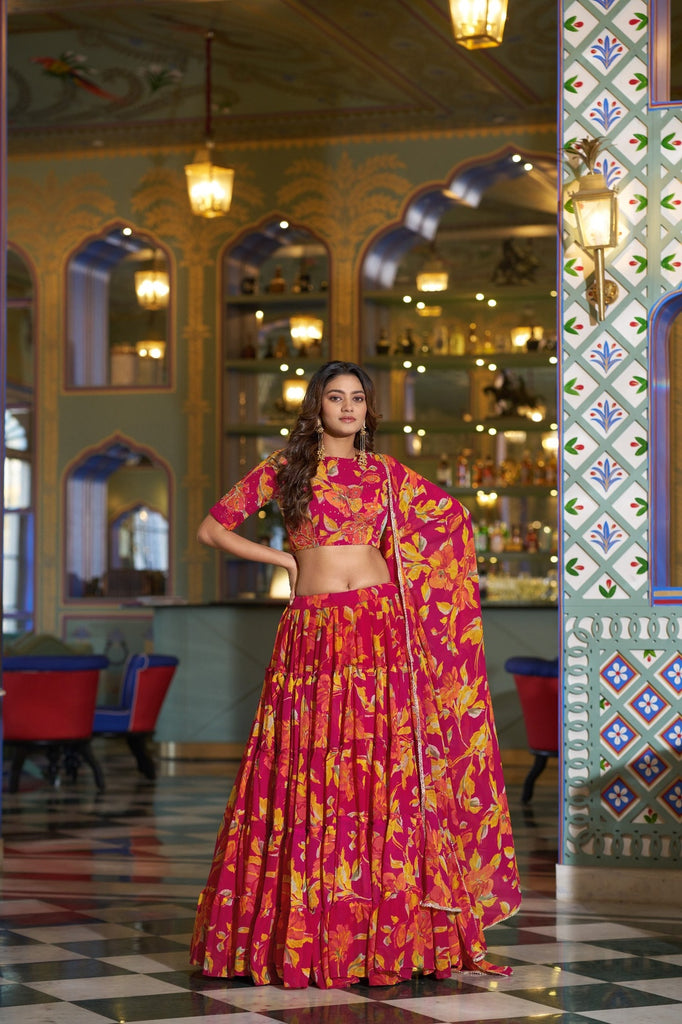 Elegant Hot Pink Floral Printed Lehenga Choli Designer Dupatta for Wedding