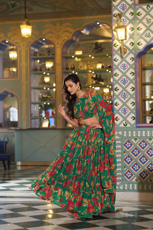 Elegant Emerald Green Floral Printed Lehenga Choli Dupatta Wedding