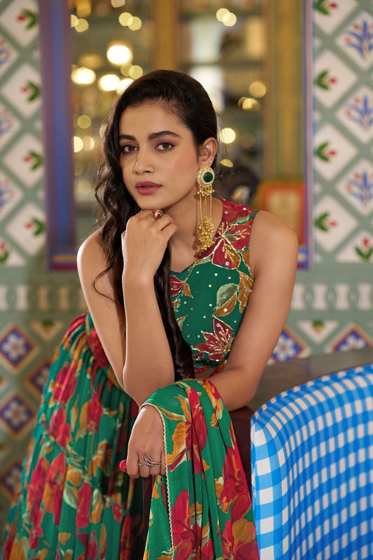 Elegant Emerald Green Floral Printed Lehenga Choli Dupatta Wedding
