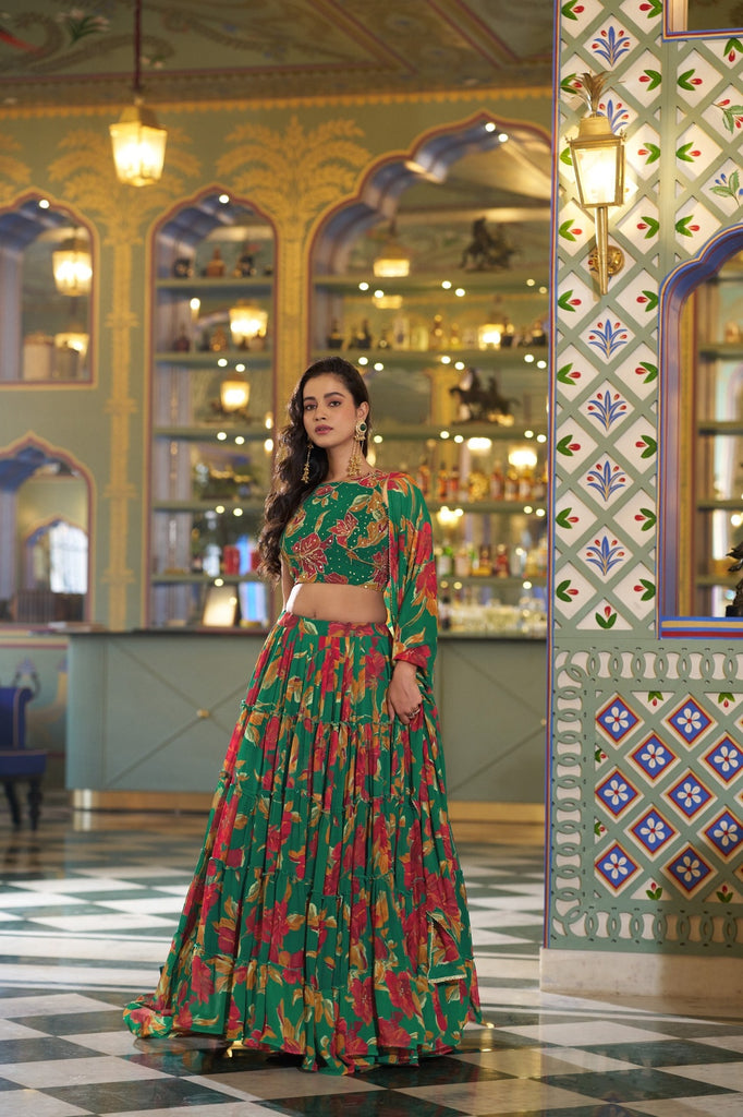 Elegant Emerald Green Floral Printed Lehenga Choli Dupatta Wedding