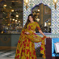 Elegant Mustard Yellow Floral Printed Tiered Lehenga Choli Dupatta