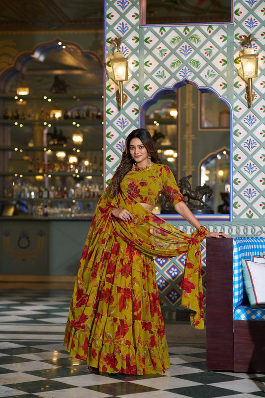Wonderful Mustard Yellow Floral Printed Tiered Lehenga Choli Dupatta