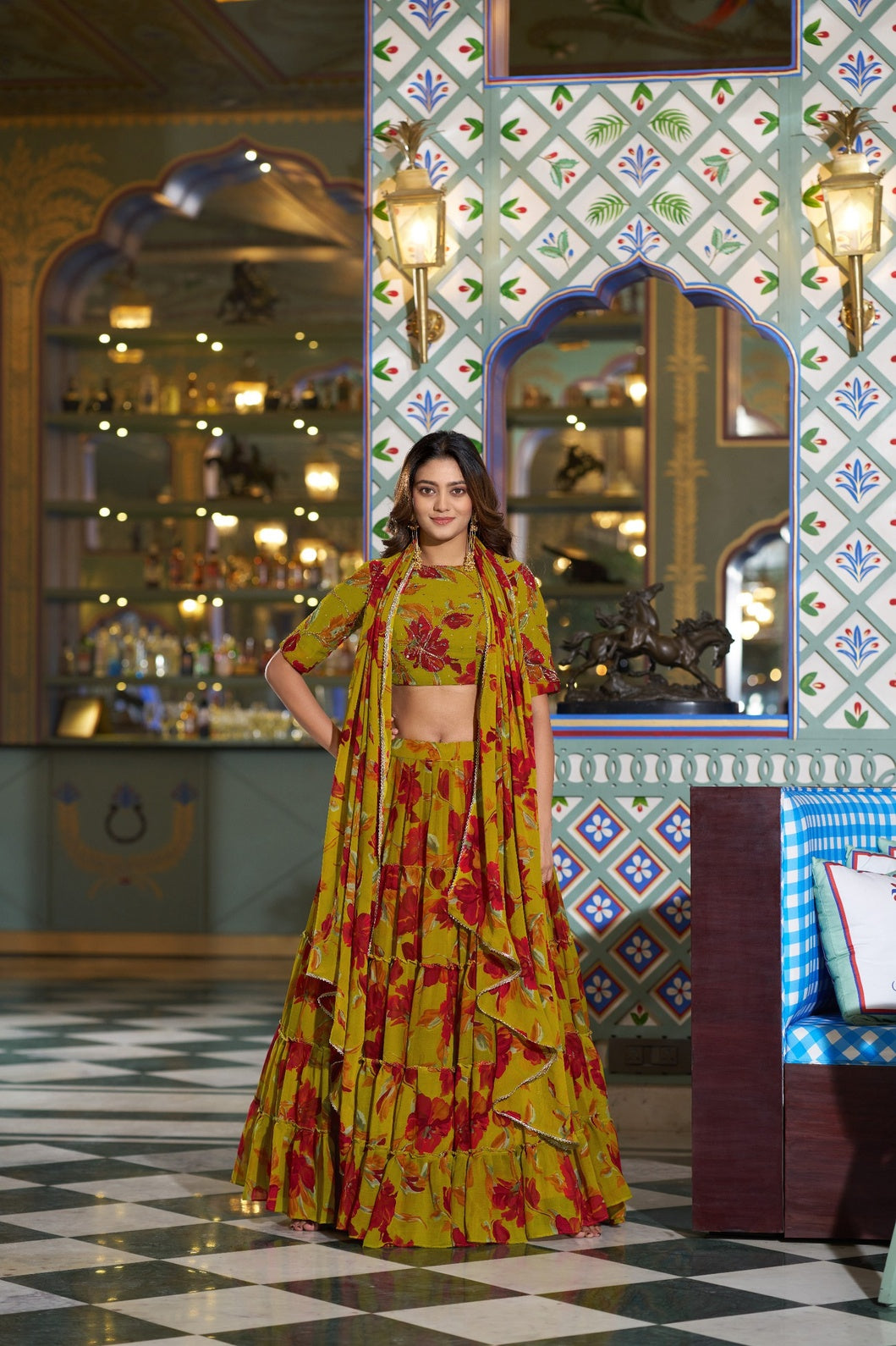Elegant Mustard Yellow Floral Printed Tiered Lehenga Choli Dupatta