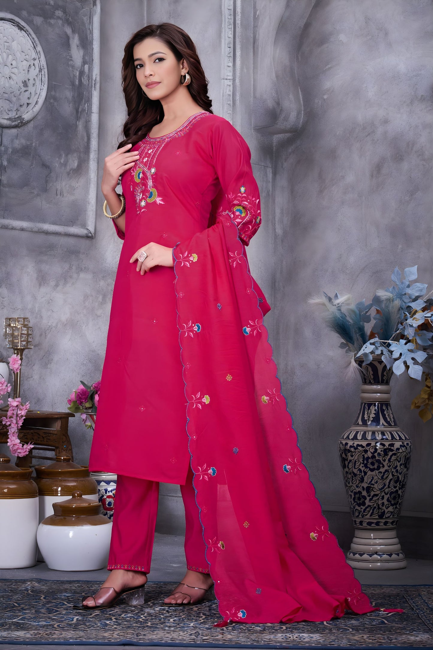 Elegant Rani Pink Embroidered Straight Salwar Suit Designer Dupatta