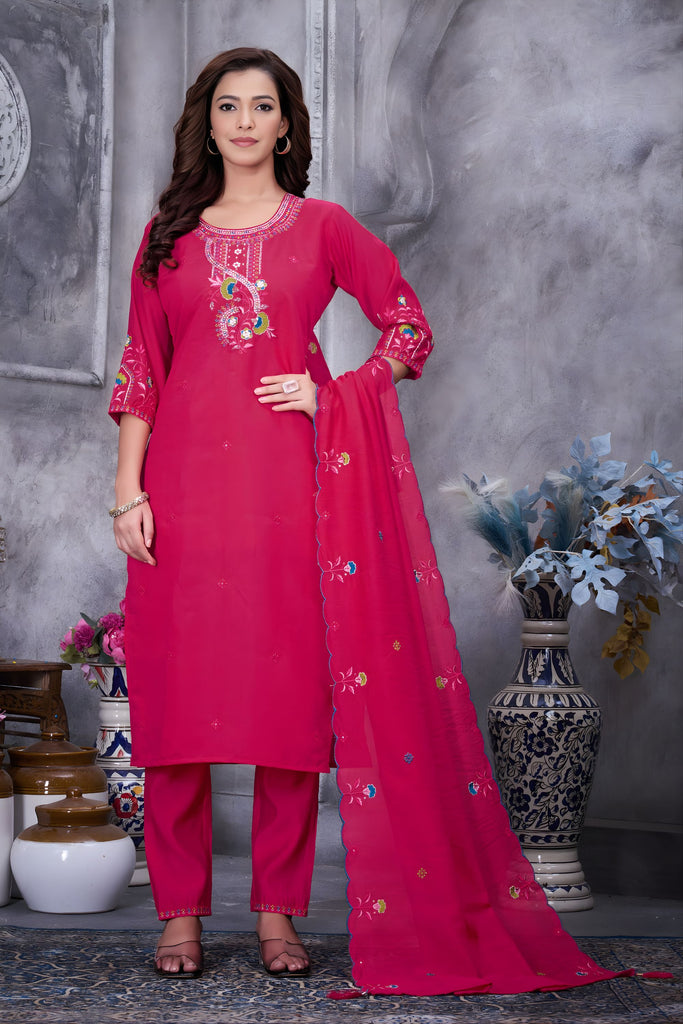Elegant Rani Pink Viscose Embroidered Straight Salwar Suit Designer Dupatta