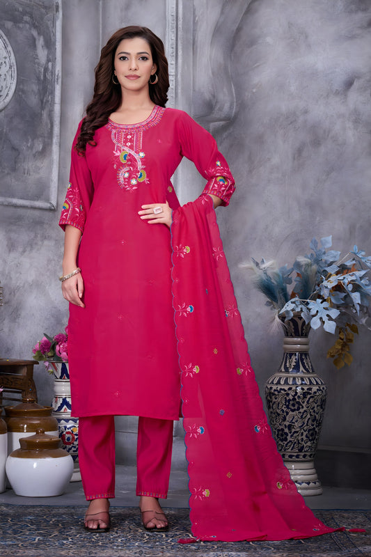 Elegant Rani Pink Viscose Embroidered Straight Salwar Suit Designer Dupatta