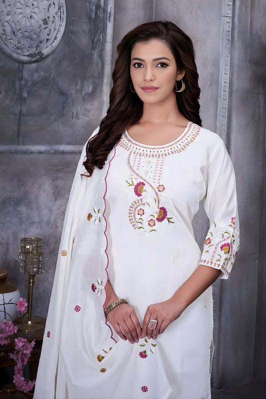 Elegant White Embroidered Straight Salwar Suit Designer Dupatta
