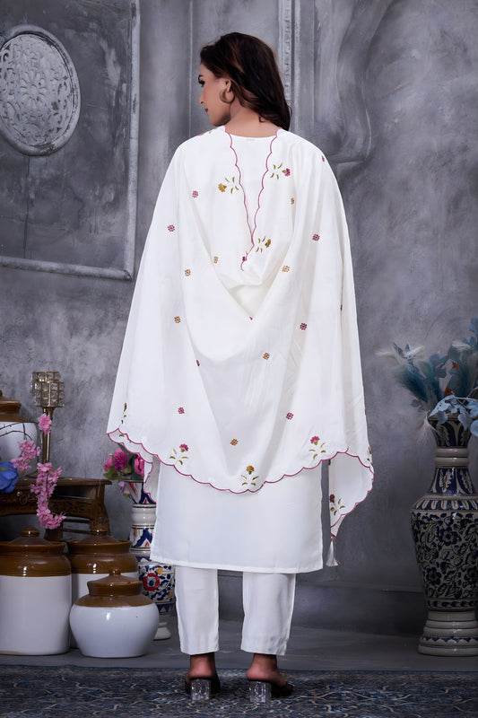 Elegant White Embroidered Straight Salwar Suit Designer Dupatta