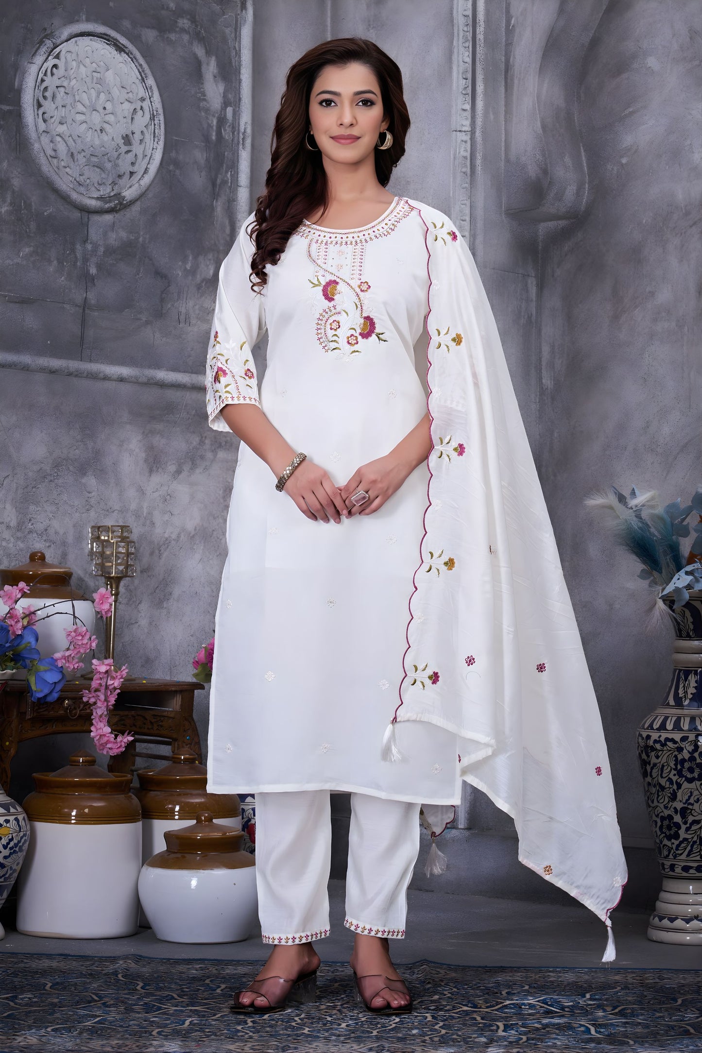 Elegant White Embroidered Straight Salwar Suit Designer Dupatta