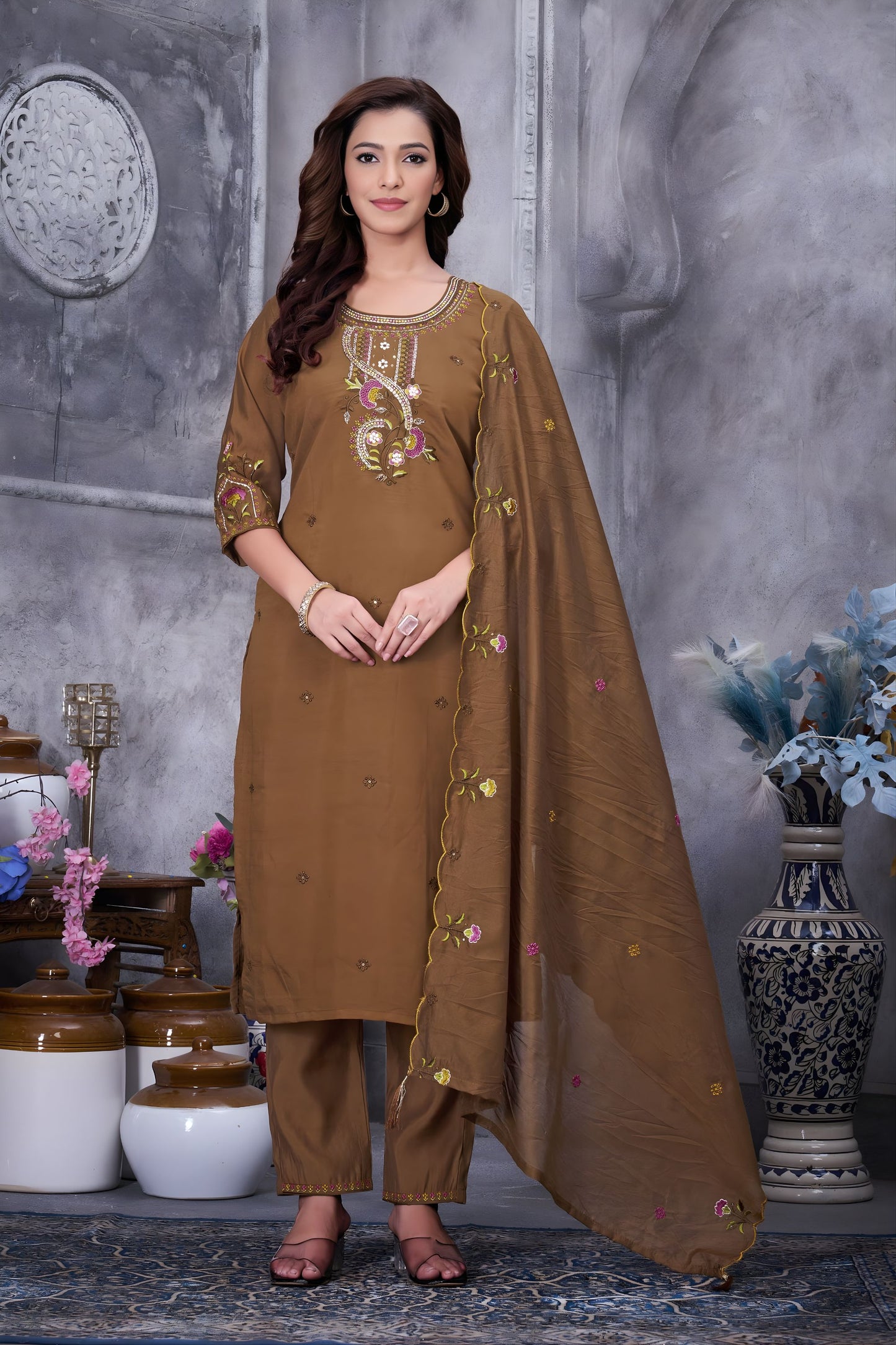 Elegant Coffee Brown Embroidered Straight Salwar Suit Designer Dupatta