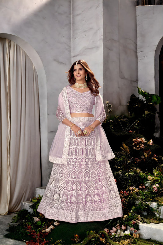 Elegant Lavender Embroidered Lehenga Choli Designer Net Dupatta Wedding