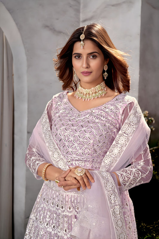 Elegant Lavender Embroidered Lehenga Choli Designer Net Dupatta Wedding
