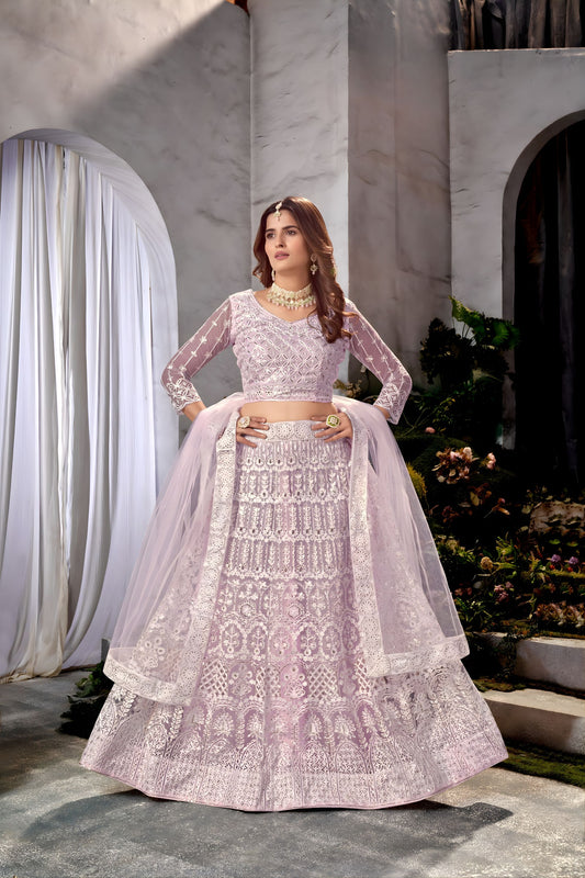 Elegant Lavender Embroidered Lehenga Choli Designer Net Dupatta Wedding