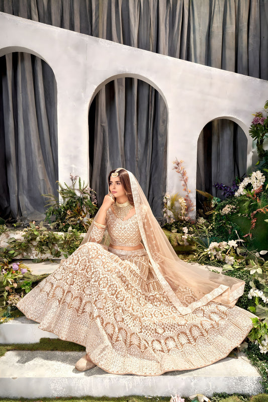 Vibrant Beige Heavy Embroidered Lehenga Choli Designer Net Dupatta For Wedding