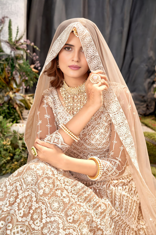 Vibrant Beige Heavy Embroidered Lehenga Choli Designer Net Dupatta For Wedding