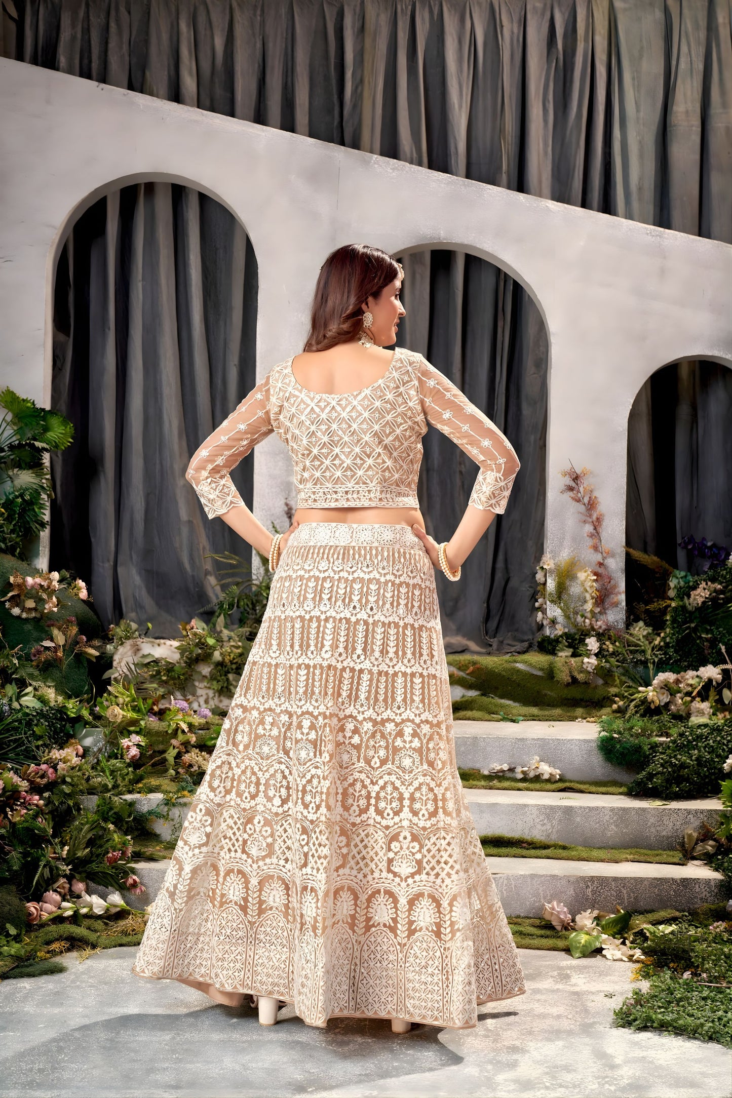 Vibrant Beige Heavy Embroidered Lehenga Choli Designer Net Dupatta For Wedding