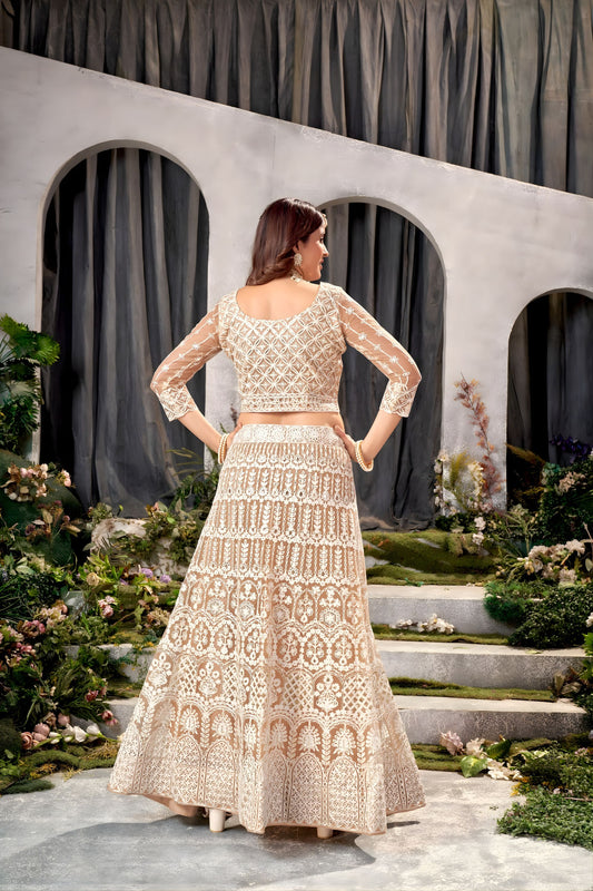 Vibrant Beige Heavy Embroidered Lehenga Choli Designer Net Dupatta For Wedding
